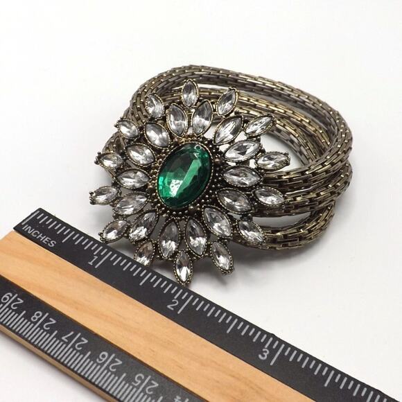 Green Clear Rhinestone Pendant Bracelet, Silver Tone, Stretch, 7 Inches - Picture 4 of 7